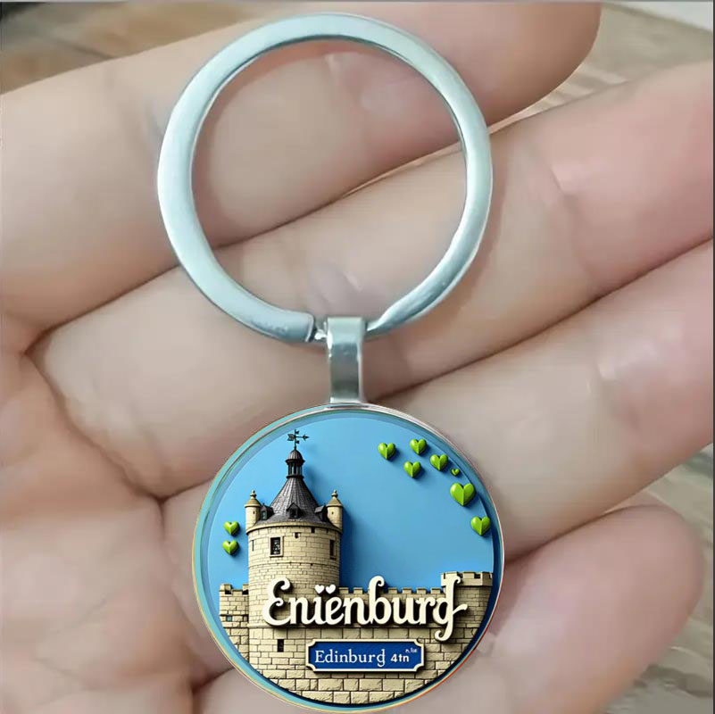 Car Accessories Edinburgh - Round keychain, medieval style Edinburgh Castle